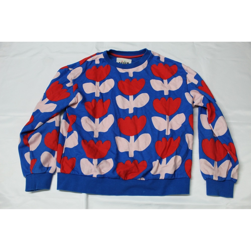 Mini Boden Kids Blue Red Tulip Floral Print Sweatshirt Pullover Size 10-11Y